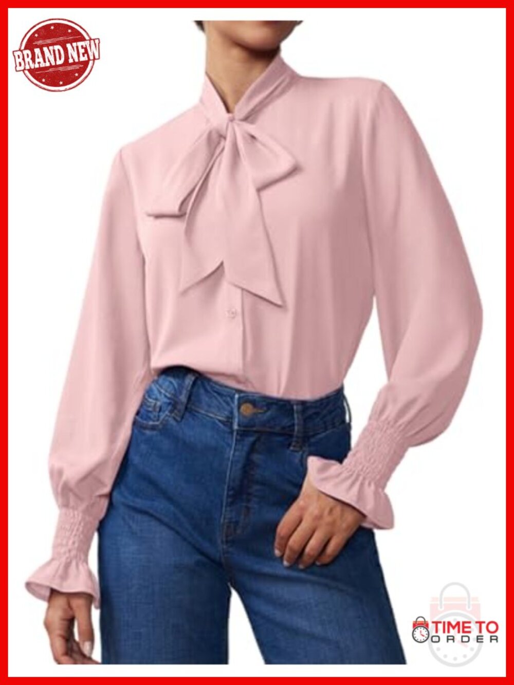 Chiffon Blouse Bow Tie Neck Long Sleeve Smocked Cuffed Shirt Blouses for Women